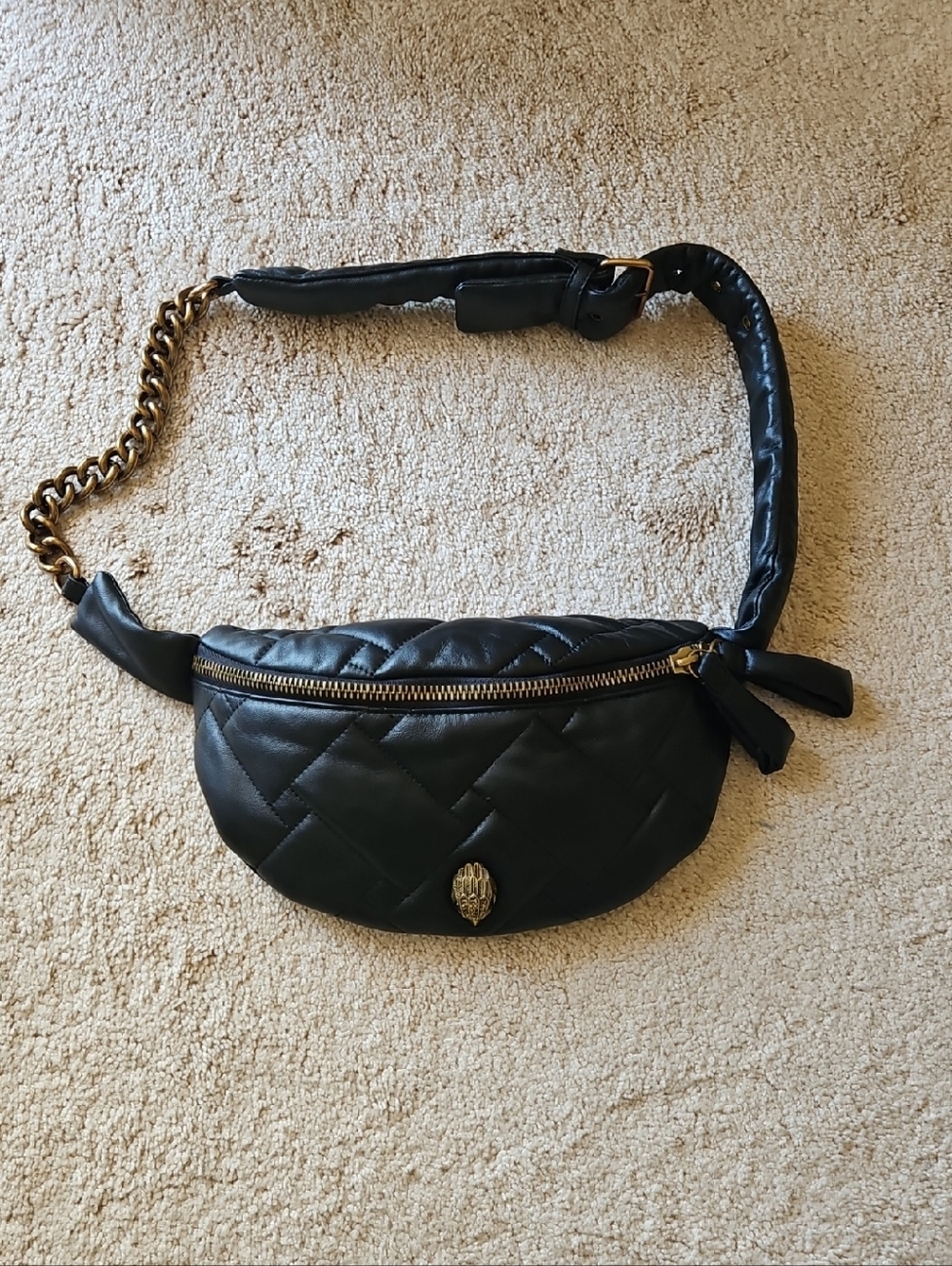 Kurt Geiger Black Quilted Crossbody Belt Bag with Gold Chain
